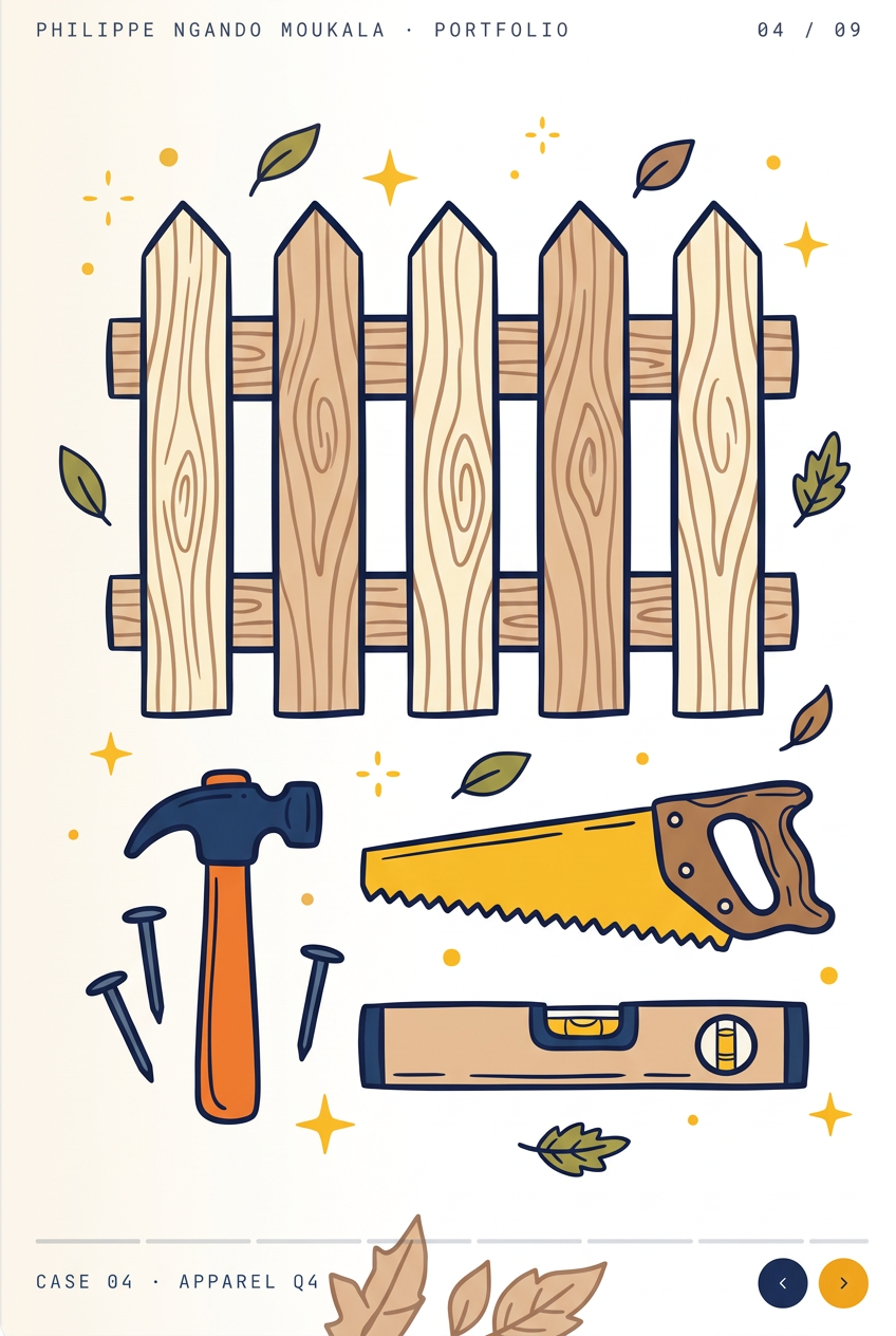New wooden fence with construction tools at golden hour